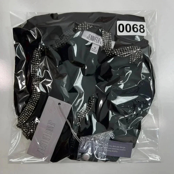 NWT Jennifer Lopez Womens M Black Sheer Blouse Rhinestone Details Bishop Sleeves - Picture 12 of 14